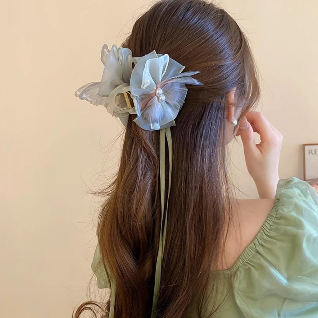 Sweety Fairy Butterfly Hair Claw For Women Elegant Gauze Tassel Bowknot Shark Gripper Clip Handmade Cloth Hairpin Hair Accessory