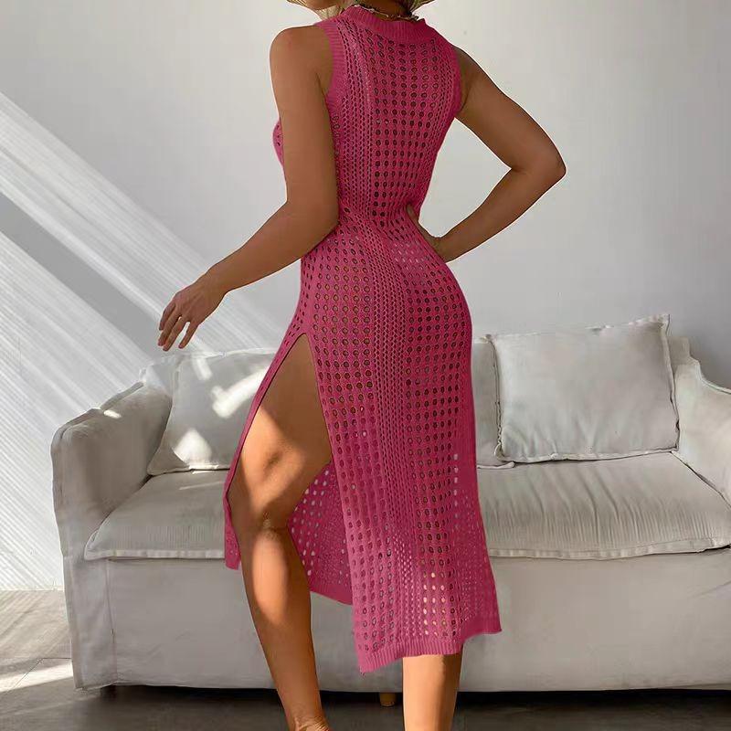 Elegant New O-neck Sleeveless See Through Women Knitted Dress Fashion Hollow Out Summer Vacation Sexy Dresses High Slit Beach Sunscreen Covers