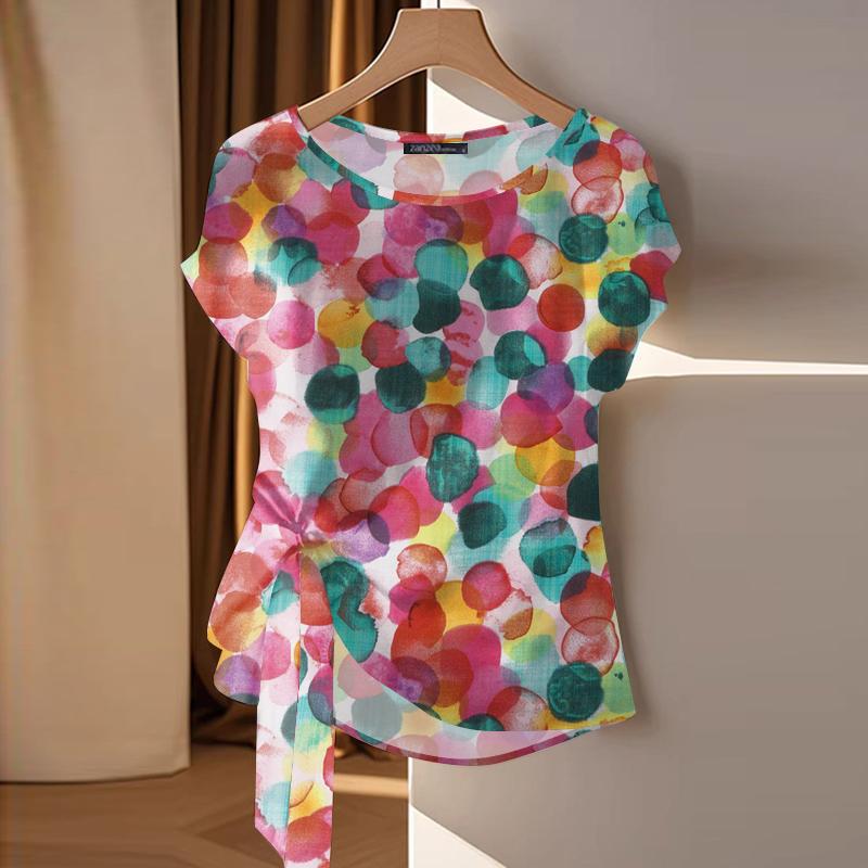 

ZANZEA Женская повседневная блузка с круглым вырезом и коротким рукавом с принтом 5XL розовый