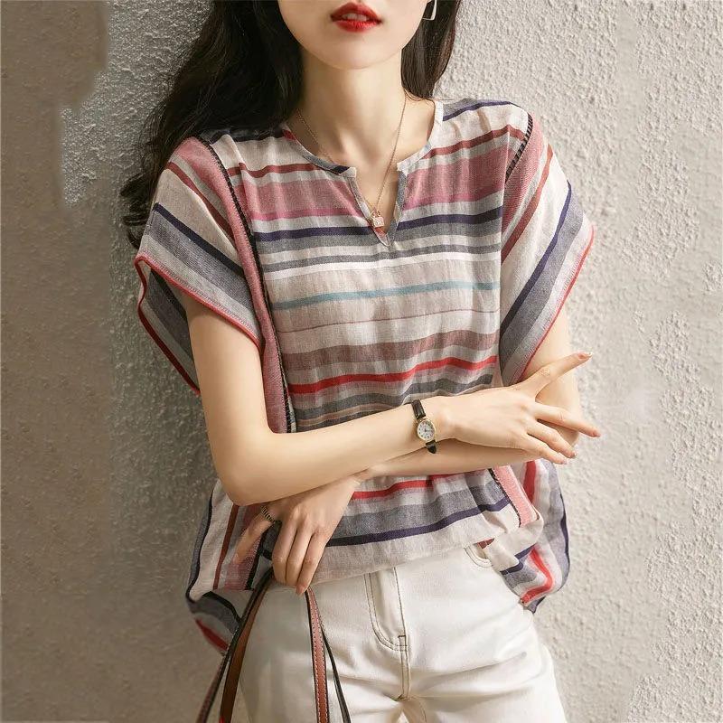 Summer New Striped Shirt Women s Korean Style Short-sleeved Loose Shirt Bottoming Shirt Top M коричневый