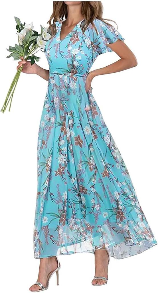 New beach pendulum long dress chiffon floral short-sleeved ruffle V-neck fashionable waist dress