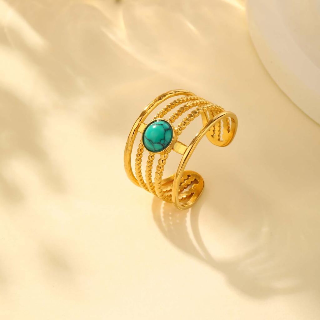 Multi-layer Turquoise Opening Ring for Women,Gold Color Stainless Steel Geometric Natural Stone Rings,Charm Accessories Jewelry