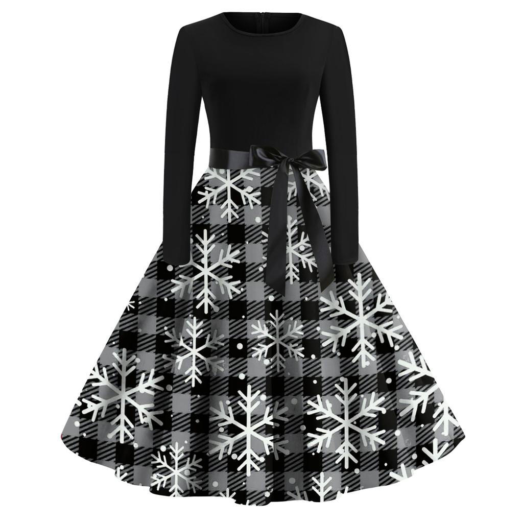 Women's Fashion Casual Round Neck Christmas Print Long Sleeve Dress