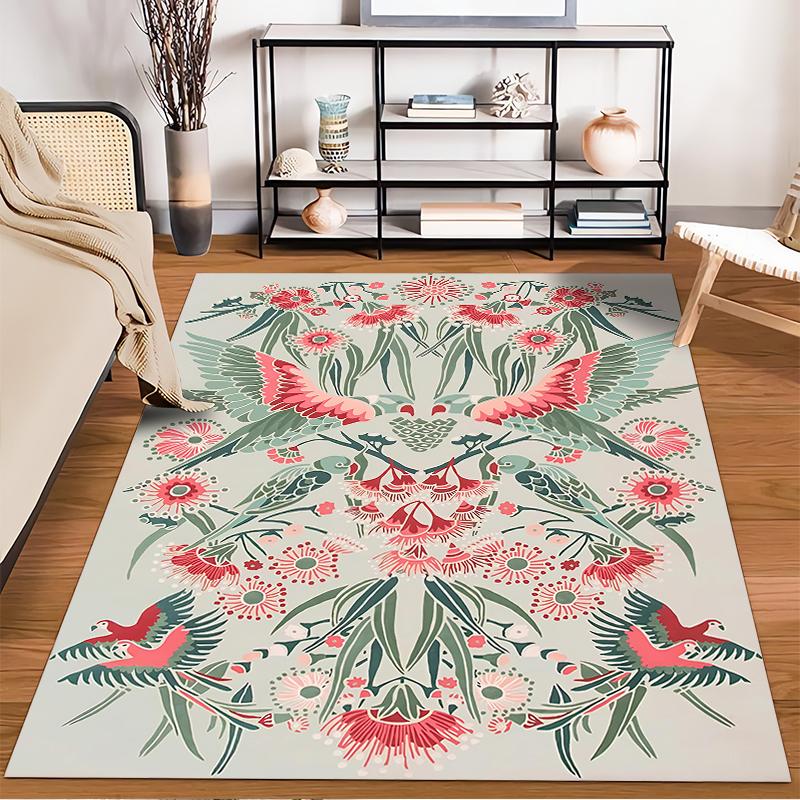 Floral Carpet with Bird Design, Green and Red Nature-Inspired Pattern Suitable for Use As an Anti-slip for Living Room Bedroom Sofas