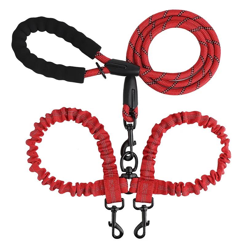 Neue Doppelkopf-Haustier-Schleppleine Eins Ziehen Zwei Nachtreflexion Anti-Verwicklung Elastisches Nylon Spaziergang Hund Leine Zubehör