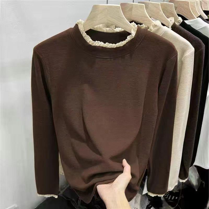 Women's Stylish Thermal Fleece Long Sleeve Lace T-Shirt, Slimming Warm Base Layer, Half-High Neck, Perfect for Autumn/Winter.