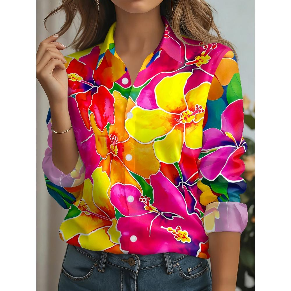 New Fashion Women's Casual Long Sleeve Shirt Multi-colored Flowers Bright Blossom Vibrant Printing