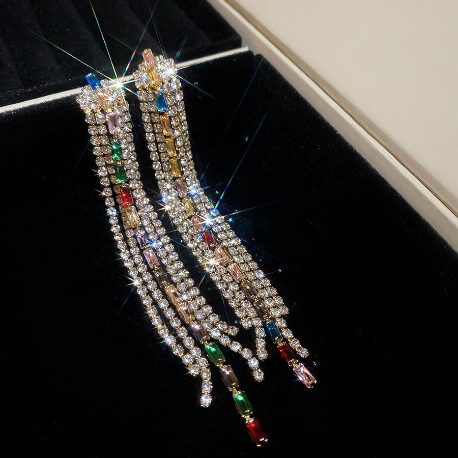 Silver Needle Geometric Zirconia Tassel Earrings - Light Luxury High-End Fashion Studs for Women
