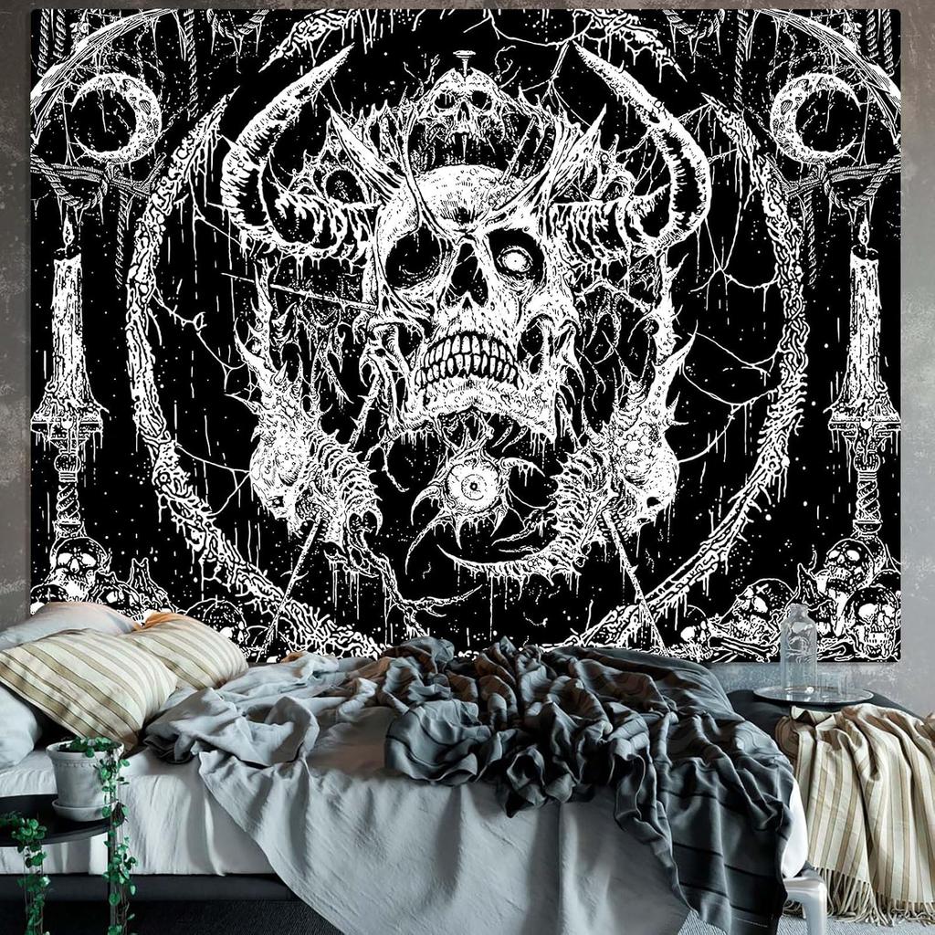 Lifeella Skull Tapestry, Gothic Horror Moon Skeleton Mystic Dark Tapestries for Bedroom Grunge Wall Hanging Black and White 36 X 48 Inch