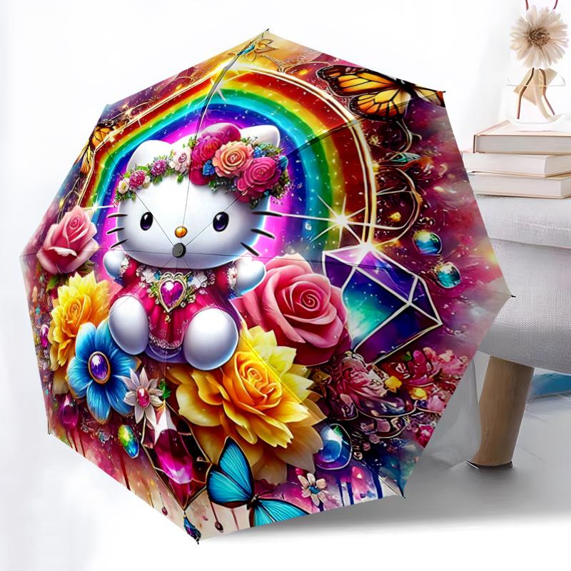 

1pc Hello Kitty Floral Automatic Opening Folding Umbrella - Portable 3-Fold Design with 8-Bone Iron Frame, Perfect for Outdoor Use, Festive Gifts, Tra