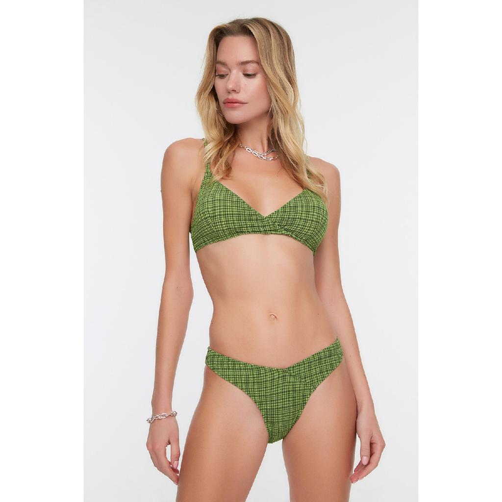 Zelené Gingham Textured V Cut Bikini Bottom Tbess21ba0130
