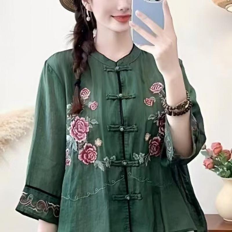Female Summer Embroidered Lightweight Shirt: Boho-Chic, Retro, Ethnic-Style, Stand-Up Collar, Double-Breasted Blouse