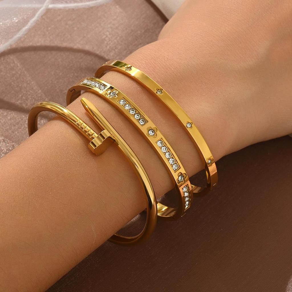 Titanium Steel Zircon Nail Bracelet - Women's Elegant Open Bracelet, Non-Fading, European & American Style