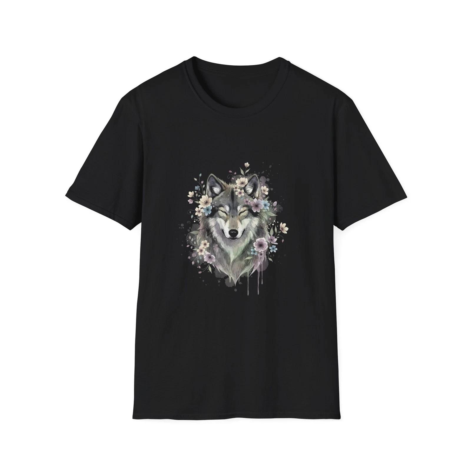 

Wolf Flowers Watercolor Boho Black Tee Nature Aesthetic T-Shirt S