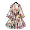 French court high-end printed bubble sleeve dress women's V-neck strap waist temperament A-word ruffle skirt