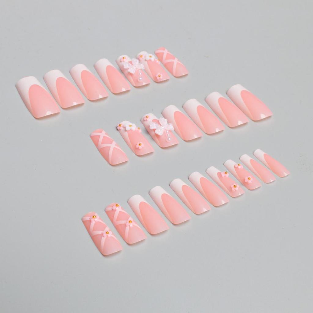 Ballet Style 3D Pearl Butterfly French Tip False Nails, Medium-Long