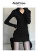 Black V-Neck Knitted Bodycon Dress – Women's Short Sexy Autumn/Winter Layered Base Dress