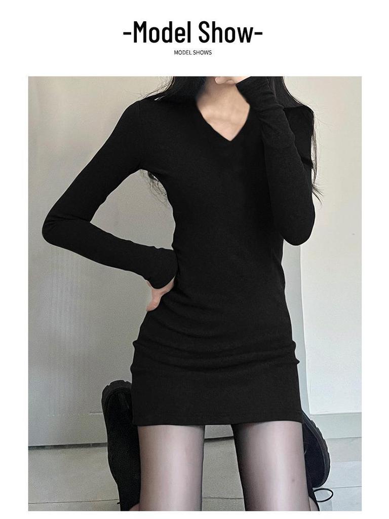 Black V-Neck Knitted Bodycon Dress – Women's Short Sexy Autumn/Winter Layered Base Dress
