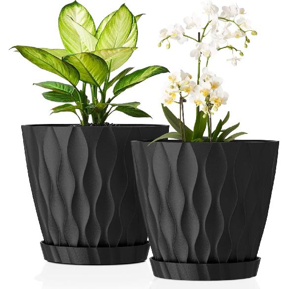 

8 Inch Plant Pots, 4 Pack Plastic Planters For Indoor Outdoor With Drainage Holes & Saucers, Waffle Texture Flower Pots For Indoor Plants, Indoor 2 pack чёрный