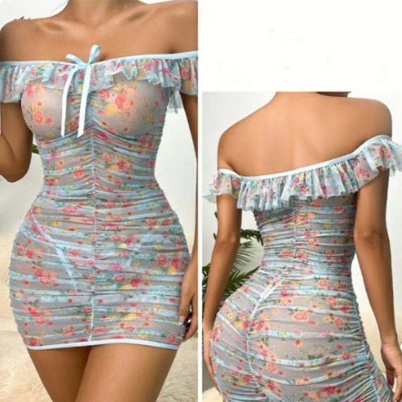 Rochie pliată cu un umăr, la modă și sexy pentru femei, rochie transparentă imprimată, care acoperă șoldul Fusta subțire sexy
