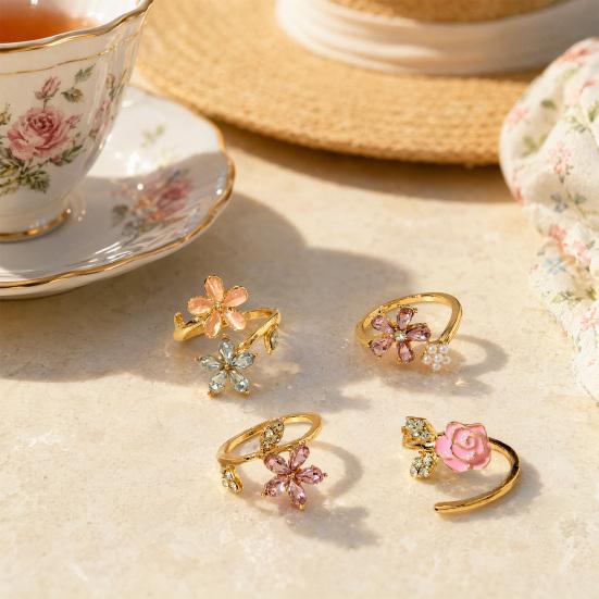 4Pcs/Set Adjustable Ring Set, Pink Flower Multi-Petal Design Finger Ring, Stackable Multi-piece Ring Set for Jewelry Gift