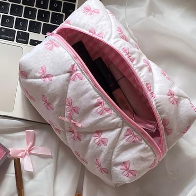 Chic Pink Bow & Floral Quilted Cosmetic Bag for Women Portable Polyester Makeup Organizer with Zipper Ideal for Lipstick & Travel Essentials