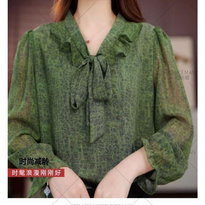 Tištěná Jednoduchá Dámská Košile s Dlouhým Rukávem Jaro Novinka Mašle Volný Zeštíhlující Top