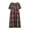 New Summer Artistic Large-sized Loose-fitting Cotton and Linen Checkered Round-neck Short-sleeved Dress for Women's Medium Length