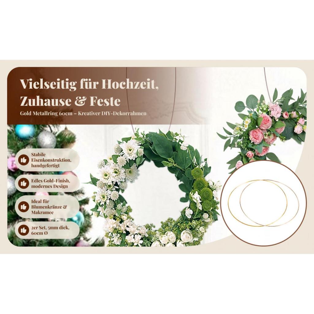 Metal Gold Floral Hoop Handmade Round Wreath Frame Large Circle Rings for Party Wedding and Home Decoration