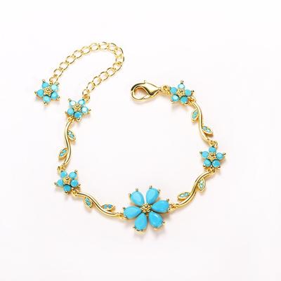 Gold Plated Turquoise Flower Vine Link Bracelet – Bohemian Summer Jewelry, Fresh Gift for Women