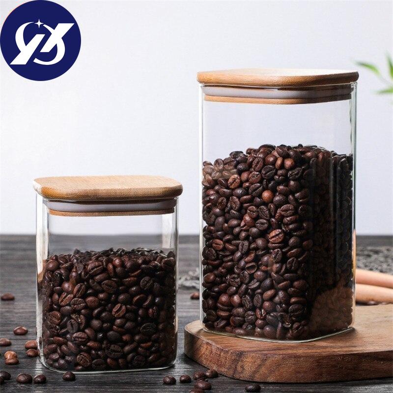 Průhledná čtvercová zapečetěná plechovka skleněná kořenka s víkem Kuchyňská nádrž na uskladnění kávových zrn Zásobník na potraviny