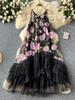 French Princess Vintage Print Dress Women O-Neck Strap Mesh Splice Irregular Ruffles Dress Female Beach Fashion Ball Gown New
