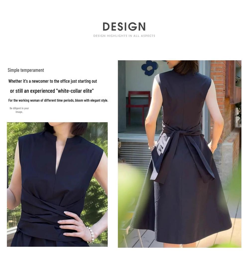 Elegant Women's Sleeveless Drape Design Dress - Hepburn Style, Tie-Up Waist, Slimming Long Commuter Dress