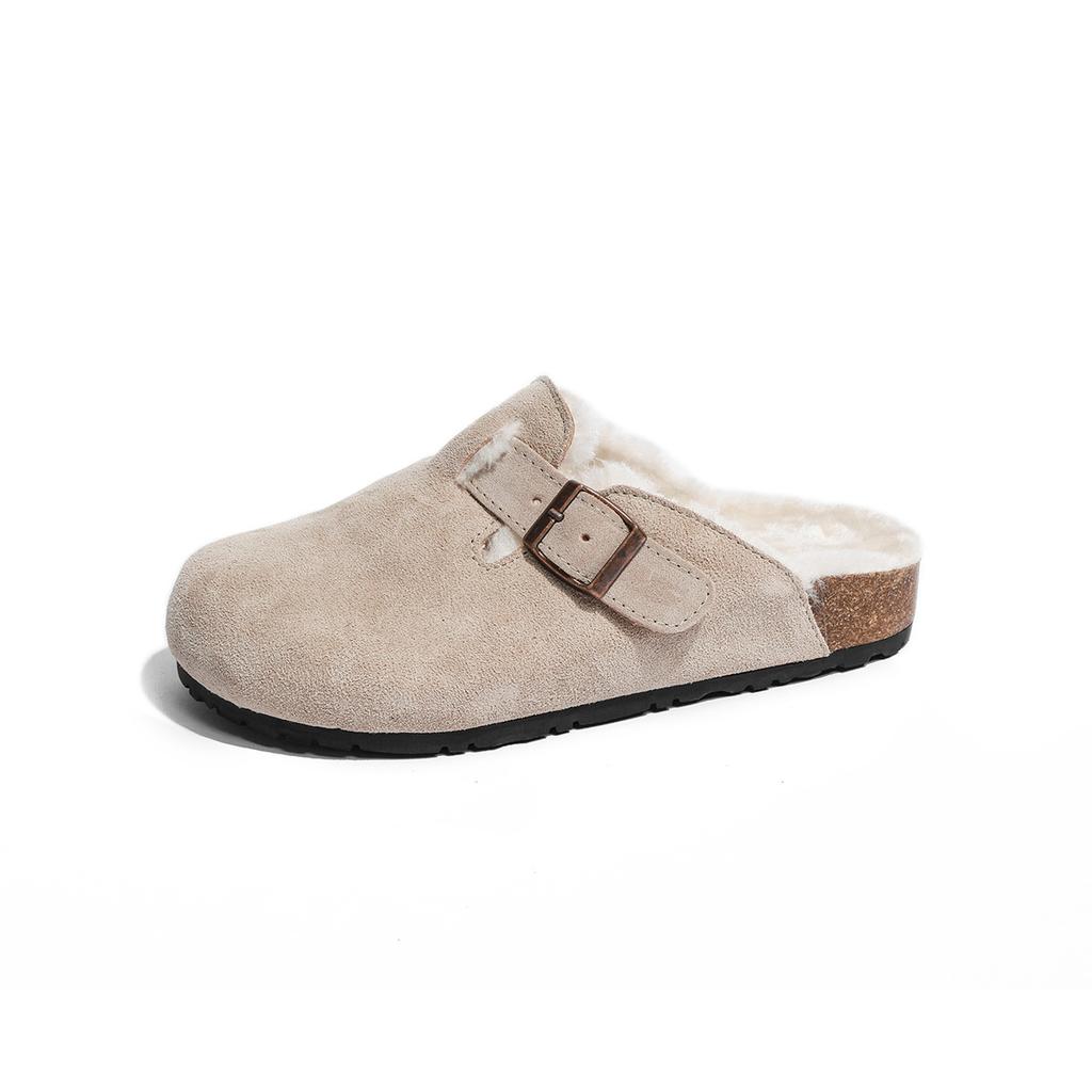 Cowhide Version of Boken Shoes Thick-soled Wool Cotton Shoes Women's Velvet Thickened Leather Autumn and Winter Boken Shoes Wear Fluffy Slippers