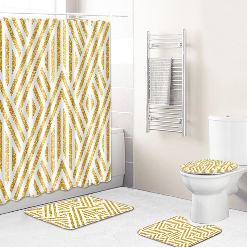 Retro Geometric Bathroom Four-Piece Waterproof Shower Curtain Bedroom Non-Slip Carpet Floor Mat Door Mat