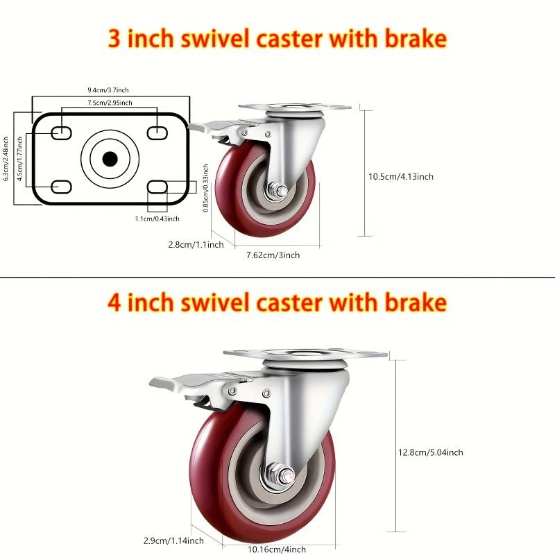 4Pcs 3 Inch/4 Inch Heavy Duty Caster with Brakes 360-degree Bearing Plate Swivel Wheel for Furniture Trolley and Workbench Cart