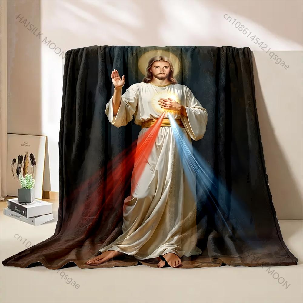 1PC Holy figure with red-blue rays Print Blanket Warm Soft Fluffy Kids Adult Sofa Bed Throw Blanket Outdoor Travel Camping RV
