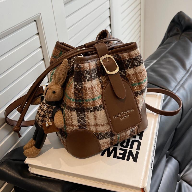 Crossborder Style Wool Blend Bucket Bag With Drawstring Closure For Daily Use