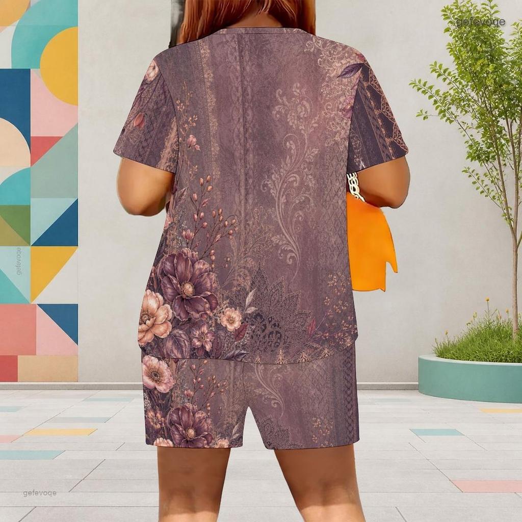 Women Plus Size White Round Neck Short Sleeve Floral Printed Top Pocket Shorts Two Piece Set