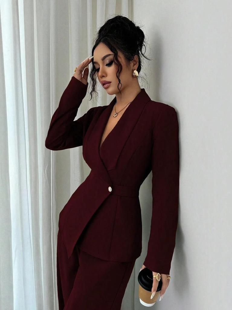 Women's European & American Spring/Autumn Fashion V-Neck Long Suit with Wide-Leg Pants Set