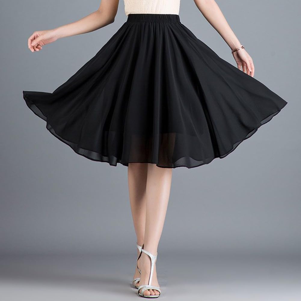 KANO SEIKA Chiffon Flared Floral Plus Loose Elastic Going Free Black Women's Skirt, Knee-Length, Print, A-Line, High-Waist, Sizes, Fit, Waist, Casual,