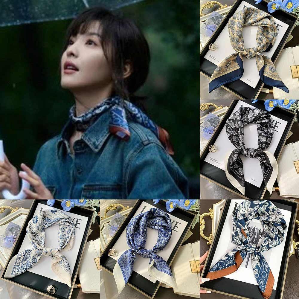 Double Sides Silk Scarf Flower Pattern Head Handkerchief Trendy Bandana  Gift