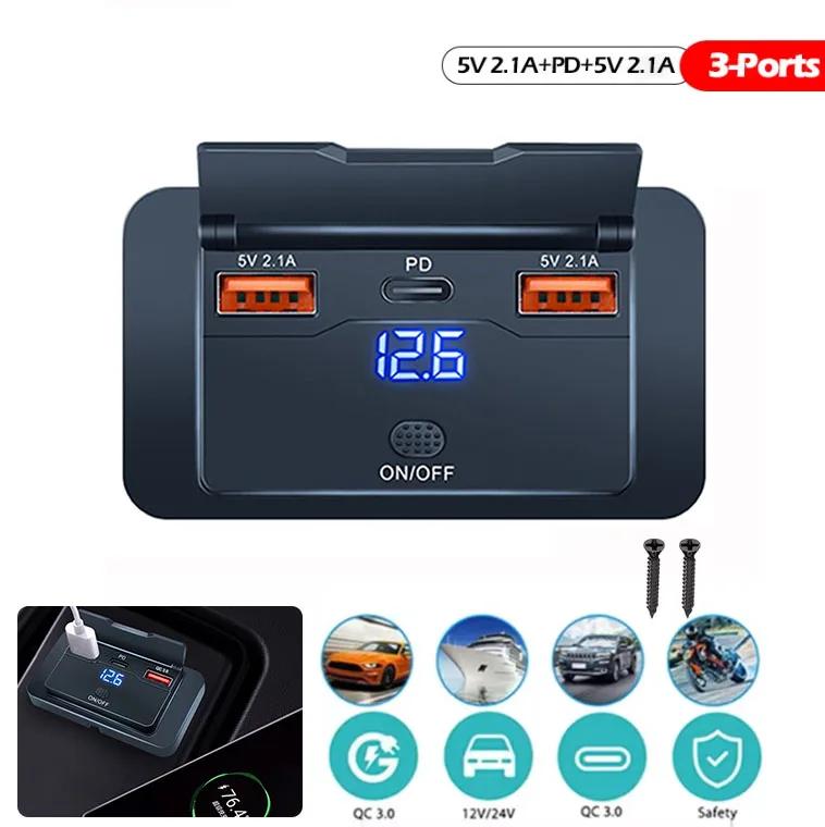 

12V-24V Car Charger RV USB Outlet Panel Dual QC3.0 & PD3.0 Fast Charge Socket with Switch LED Voltmeter for Boat ATV Motorcycle