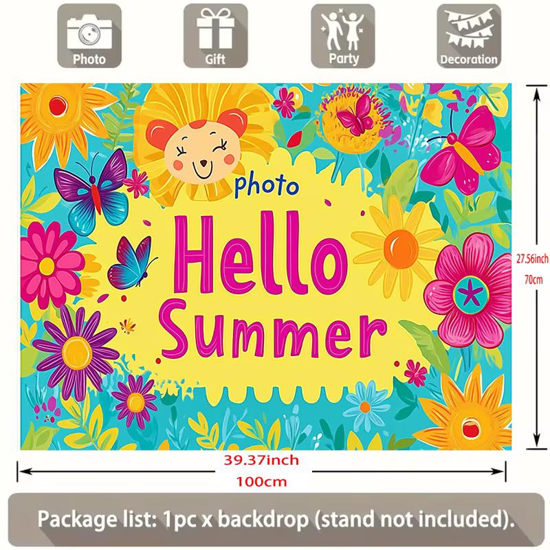 Cheerful Hello Summer Backdrop, Bright Turquoise Floral Scene with Butterflies and Smiling Sunflowers, Festive and Playful Wall Decor
