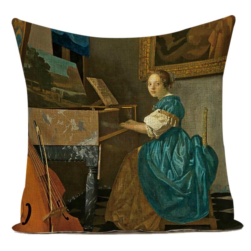 Pearl Girl Wearing Earrings Art Oil Painting Decorative Throw Pillow Case Polyester Cushion Cover for Living Room Decoration