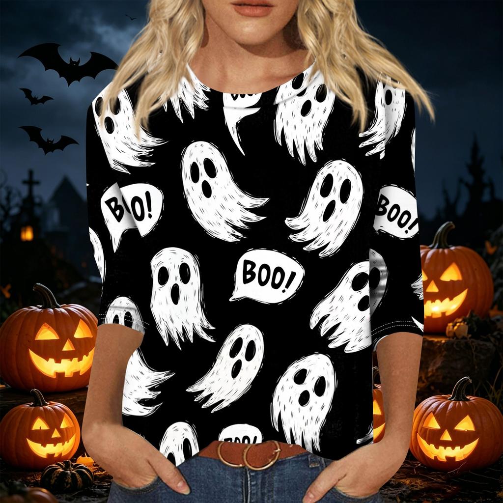 Womens Casual Halloween Print Pullover Shirt Three Quarter Sleeve Round Neck Top Lightweight Comfortable Fabric