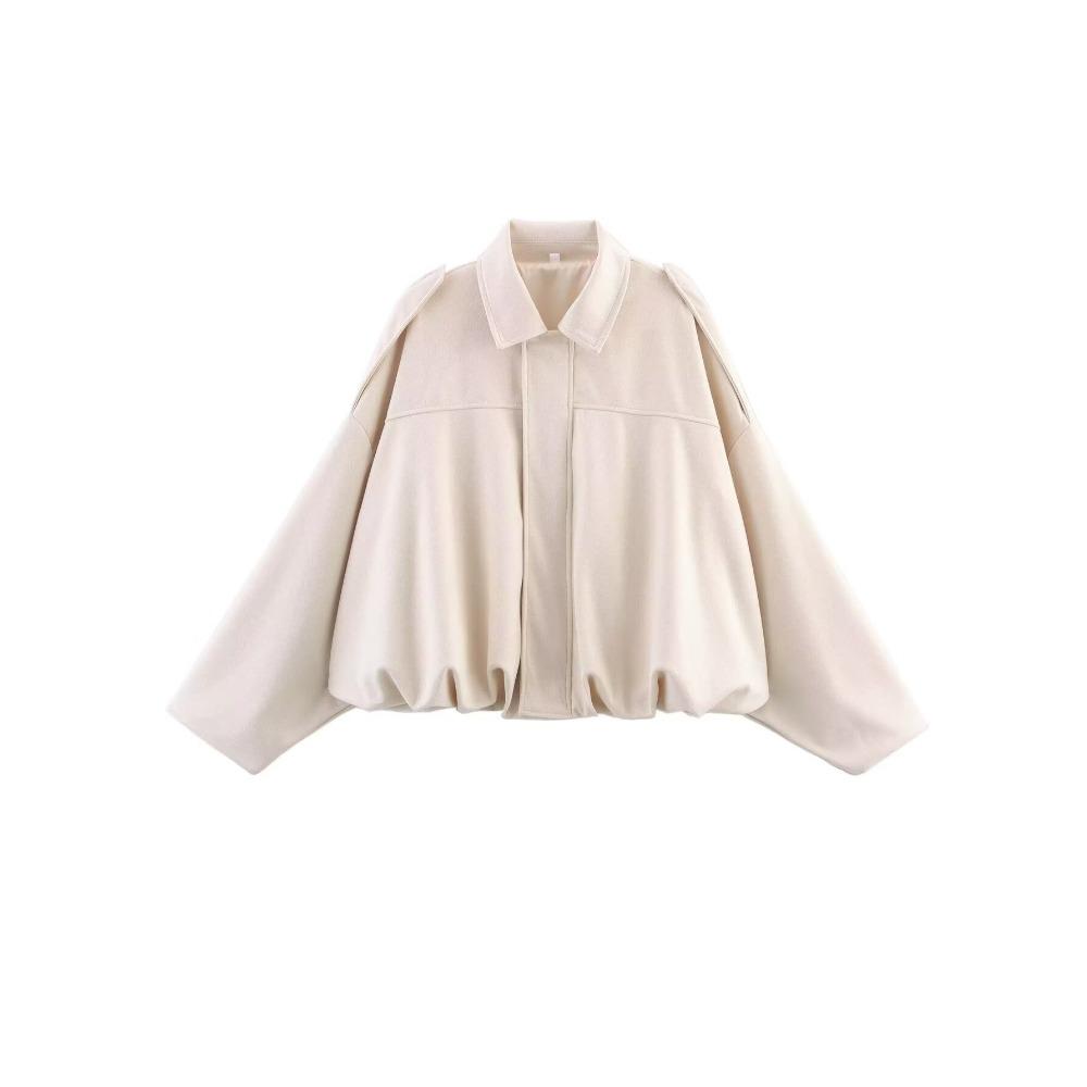 Women's Polo Neck Long Sleeve Bomber Jacket Loose Fit Streetwear Outerwear Suede Texture Coat