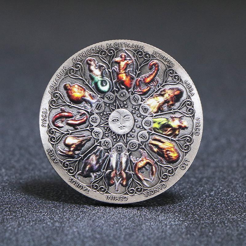 Antique Silver-Plated Zodiac Collector Coin: 12 Constellations Badge and Challenge Medal