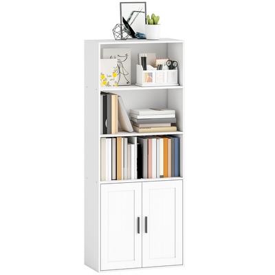 Bookcase with Open Shelves and 2-Door Cabinet with Adjustable Internal Shelf, 60x30x145.5 Cm, White