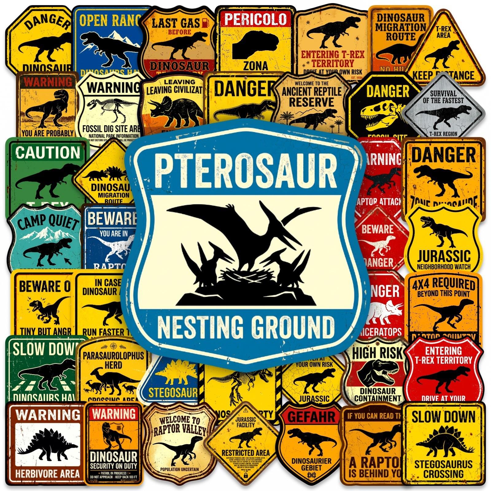 

50 Pcs Dinosaur Warning Stickers Waterproof Vinyl Stickers For Water Bottle Laptop Car Funny Dino Decals Kids Party Favors Gifts